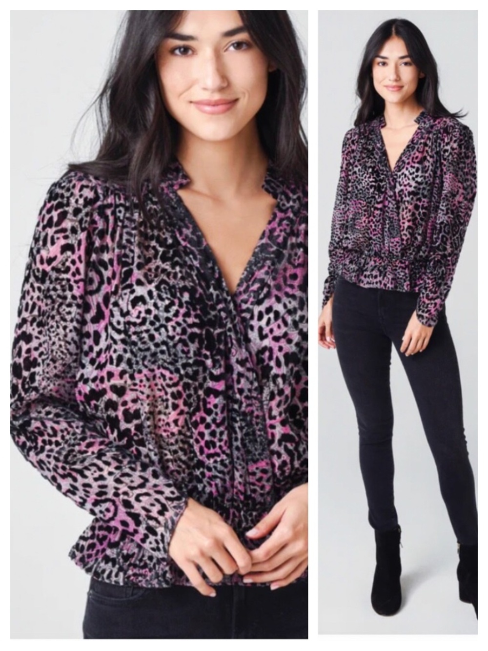 Zadig & Voltaire Tori Large Shirt Top Velour Animal Print Silk Purple Black